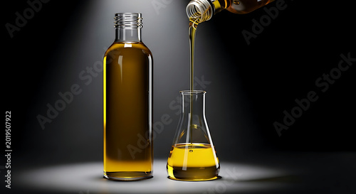 a tall bottle of premium sesame oil, the golden liquid captured in mid-pour, forming a smooth, viscous stream into a clear glass flask