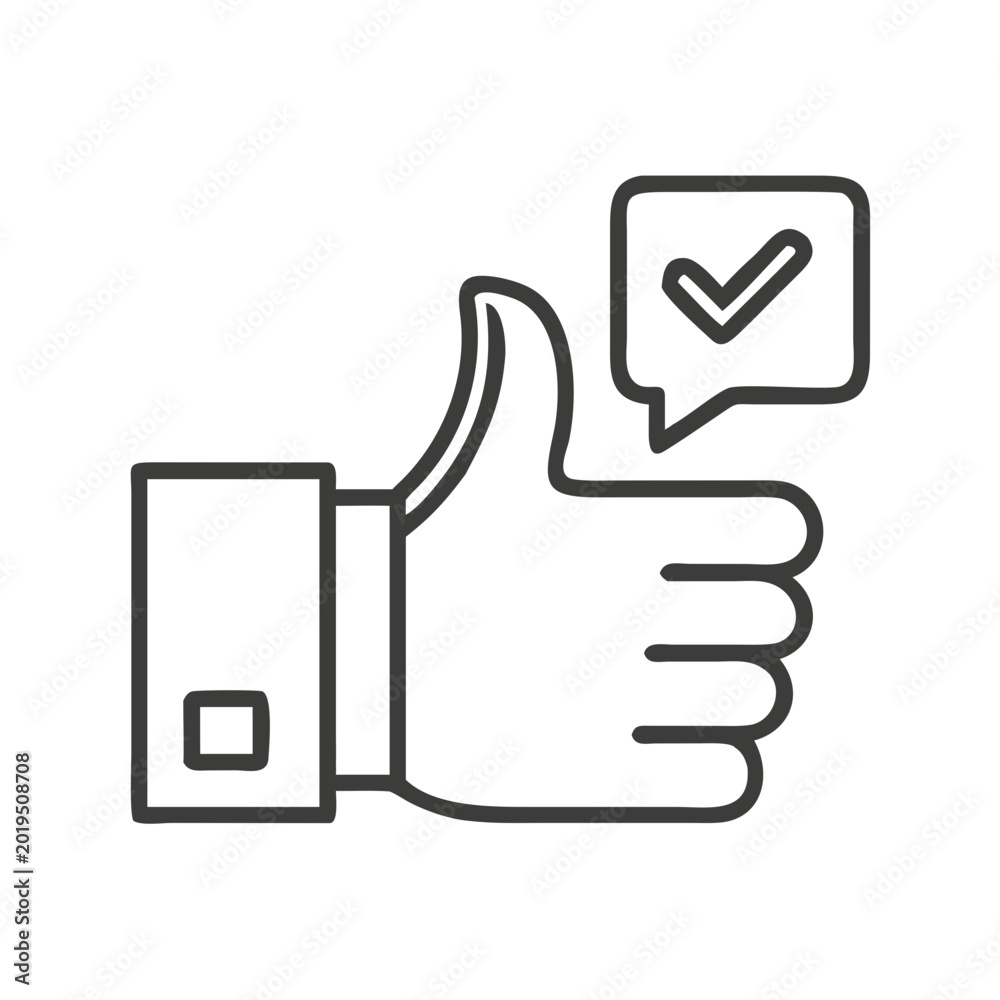 Obraz premium Thumb up gesture with check mark in speech bubble for review.