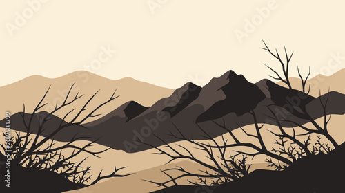 Dry Mountain Landscape with Bare Tree Branches in Silhouette