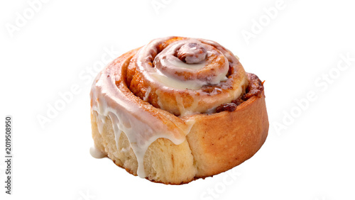 Freshly baked cinnamon roll or sweet bun with swirl pattern and golden crust for bakery breakfast on transparent background