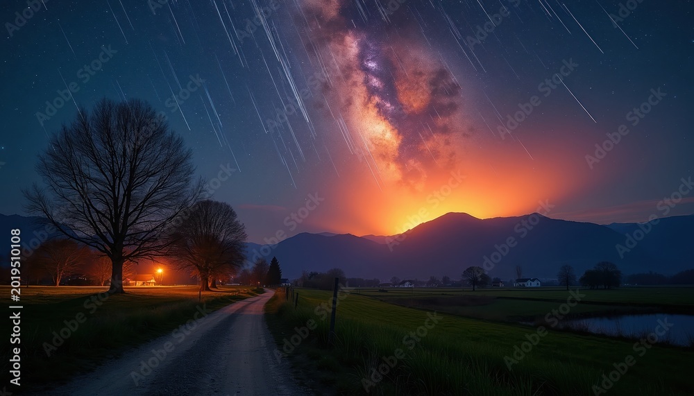 Fototapeta premium Meteor shower streaks across vast night sky above rural landscape. Milky Way visible, orange glow behind mountains. Dirt road leads past trees toward distant houses, night scene.