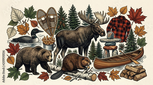 Canadian wilderness featuring a moose, bear, beaver, canoe, and colorful autumn generated using ai