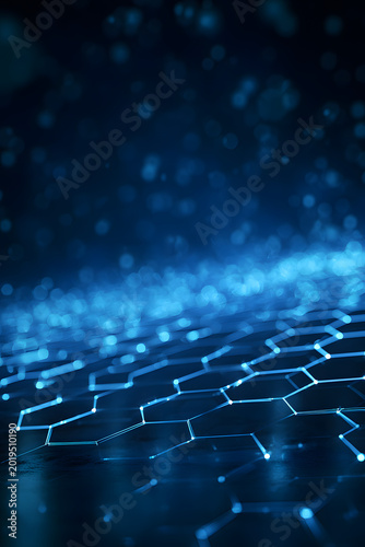 Cool blue cyber network background with luminous hexagons and futuristic tech atmosphere