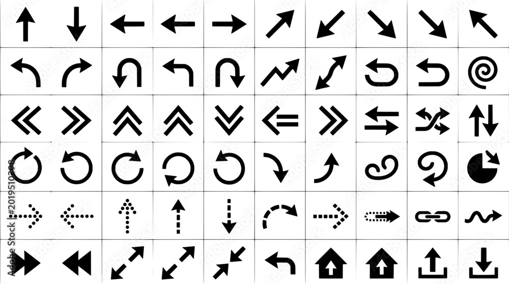 Fototapeta premium Arrows hand drawn set with black curved lines and various directions featuring direction, up, down with left and right elements for diagonal,