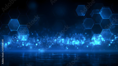 Cool blue cyber network background with luminous hexagons and futuristic tech atmosphere