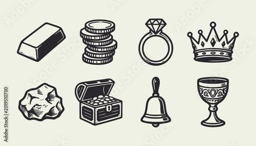 Foto Vintage Treasure Icons Set with Gold Bar Coins Diamond Ring Crown Chest and Chal