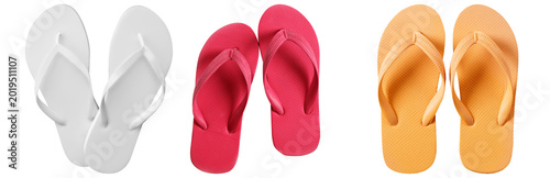 Fotografía Three pairs of flip-flops in different colors: white, pink, and orange, isolated on a transparent background