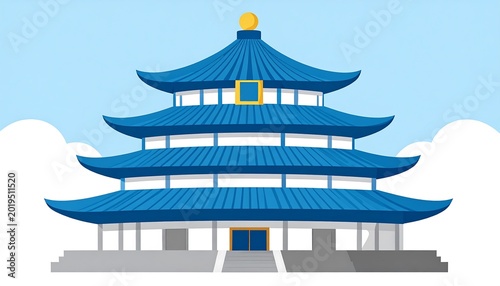 Blue Tiered Chinese Temple Standing Under Cloudy Sky Illustration