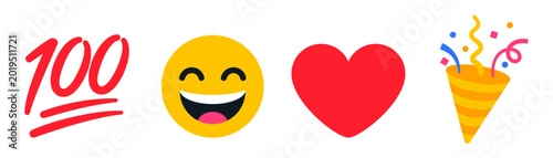 Social media reaction icon set with red 100 sign, happy smiley emoji, heart symbol and party popper illustration, colorful flat collection for chat, stream, message, and celebration design