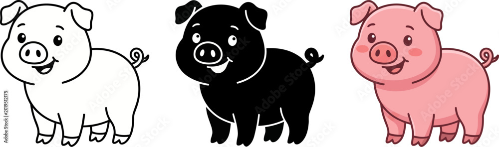 Naklejka premium Pig Vector Set with Outline Silhouette and Cartoon Styles