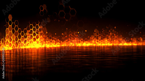 Fiery orange digital honeycomb background with glowing hexagons and futuristic cyber energy