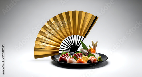 a modern kazari-sensu (decorative folding fan) with gold leaf details, placed as a backdrop for a sleek arrangement of assorted sashimi on a black plate 
