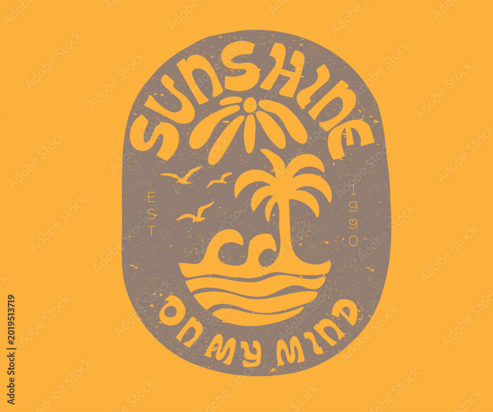 Fototapeta premium Palm beach vibes artwork. Summer good vibes vector graphic design for apparel, stickers, posters, background and others. Sunshine vibes design. Soul full of sunshine.