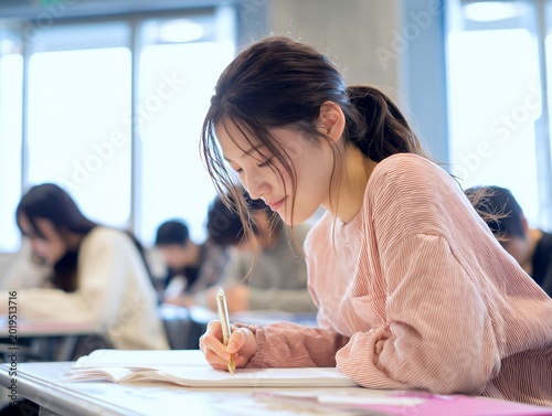 教室でノートに書き込みをする女子学生の真剣な横顔と勉強風景