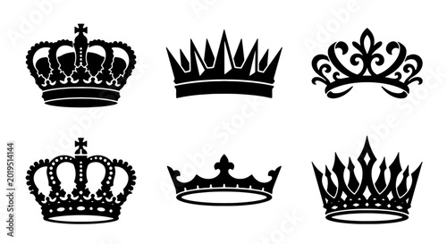 Photography Royal Crown Icons Set, Elegant Regal Symbols, Black Silhouette Vector Graphics f