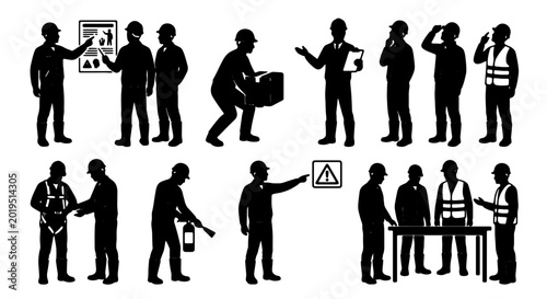 Schilderij op canvas Construction Worker Silhouettes, Safety Icons, Industrial Teamwork, Manual Labor