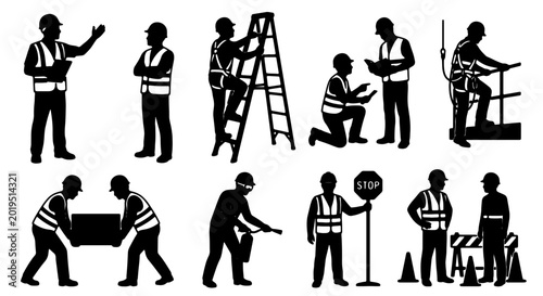 Photos Construction Worker Silhouettes, Safety Vest Icons, Industrial Laborer Vector Se