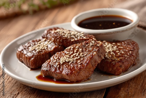 Grilled Beef Steaks With Sesame Seeds and Glossy Teriyaki Sauce, Asian Cuisine Gourmet Food Photography