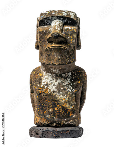 A stone Moai statue stands against a black background, showing signs of age and weathering.