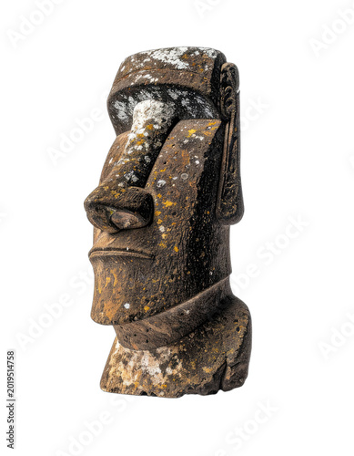 A close-up profile view of an ancient Moai statue on a black background.