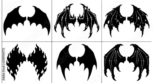 Schilderij op canvas Gothic Devil Wings Vector Brushes, Dark Fantasy Angelic and Demonic Wing Silhoue