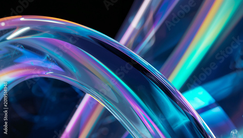 Abstract holographic glass wallpaper featuring ultra smooth iridescent gradient reflections, translucent curved glass arcs, and rainbow prism light leaks in a futuristic luxury composition.