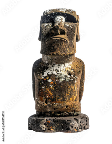 An ancient Moai statue with weathered stone and lichen against a black background.