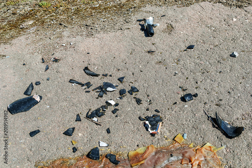 Broken pieces of dark glass and debris scattered across a dry sandy ground surface with remnants of a bottle neck