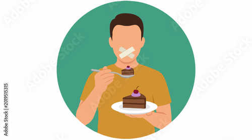 Tableau sur toile Man with taped mouth eating cake, symbolizing diet struggle or temptation