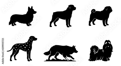 Konstfotografi Premium Diverse Dog Breed Silhouettes Collection, Vector Icons Set: Corgi, Rottw