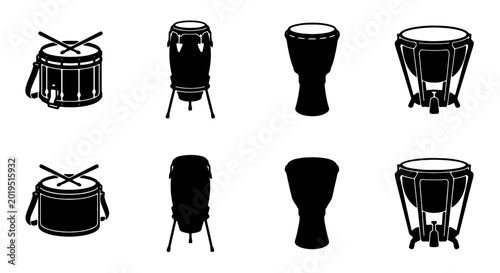 Fotografie Diverse Drum Collection Vector Icons, Percussion Instruments Set, Musical Equipm