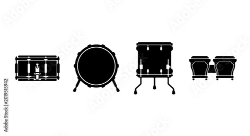 Obraz na plátne Set of Four Black Drum Silhouettes, Percussion Instruments Vector Collection, Mu