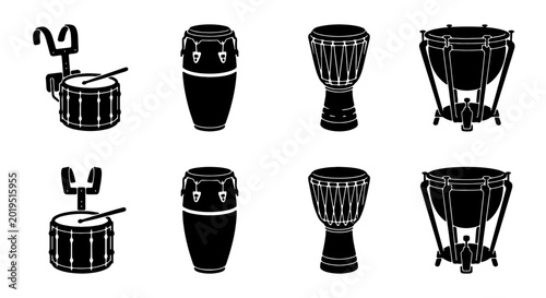 Tableau sur toile Set of 8 Black Silhouette Vector Icons: Snare Drum, Conga Drum, Djembe Drum, Tim