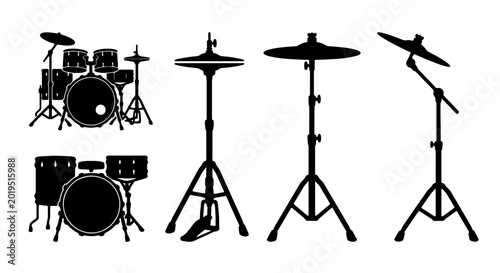 Schilderij op canvas Drum Kit Silhouettes, Percussion Instruments Vector Set, Musical Equipment Graph