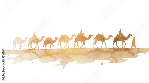 Camel Caravan Silhouette on Transparent Background, Isolated Watercolor Illustration of Dromedaries and People Walking Across Desert Terrain
