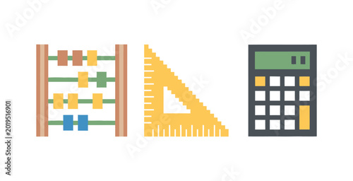 Abacus, ruler, calculator, and compass on black background