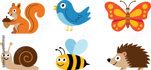 Schilderij op canvas Cute Forest and Garden Animal Vector Set with Squirrel Blue Bird Butterfly Snail