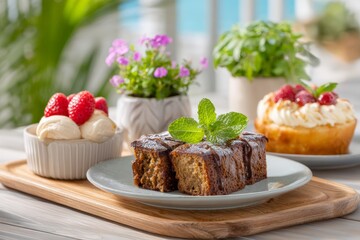 Closeup juneteenth picnic dessert with banana bread slice, mint garnish and strawberries on wooden board for event background and menu banner design