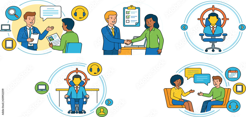 Fototapeta premium Human Resources and Recruitment Vector Illustration Set Featuring Job Interview Candidate Selection Employee Hiring and Professional Workplace Communication Scenes for Business Career Website