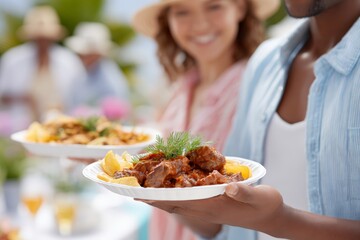 Friends serving barbecue plates at a juneteenth outdoor cookout for event banner and food celebration background