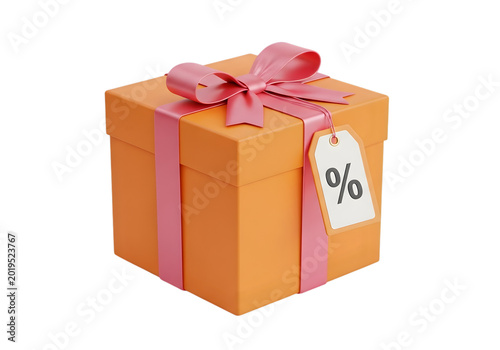 Orange gift box with red ribbon and discount sale tag isolated on transparent background, isolated on white background
