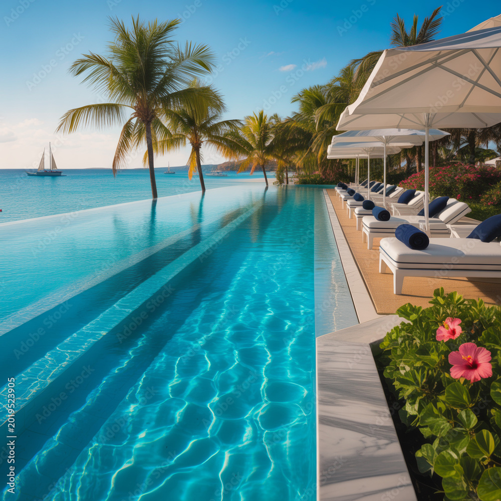 Fototapeta premium Luxury Tropical Resort Swimming Pool With Palm Trees and Blue Water