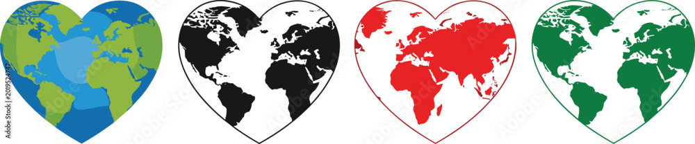 Obraz premium Heart-Shaped Earth Icon Set with Various Colors for Websites, Apps, and Digital Media