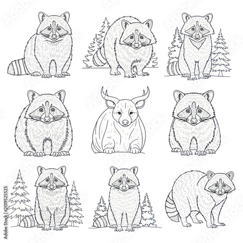Canvas Print Cute Raccoon Illustrations with Trees and Antlers - Hand-drawn Style