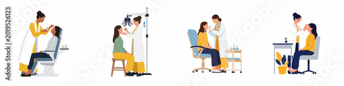 Foto Set of flat vector illustrations depicting professional ophthalmologists applying eye drops to patients during clinical eye examinations in various medical office settings