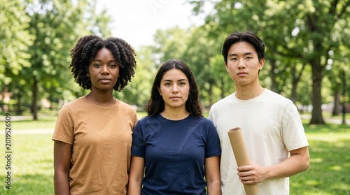 Diverse students standing together in a park during an outdoor campus activity.