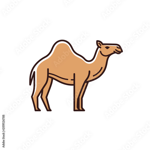 Stylized illustration of a camel standing, desert animal icon, flat design, brown and white