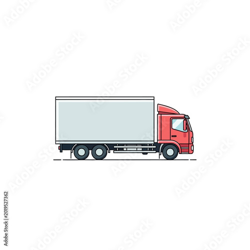 Red delivery truck with white cargo box, flat design, isolated on white background