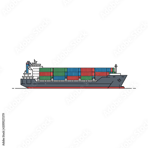 Modern Cargo Ship Loaded with Colorful Shipping Containers on White Background