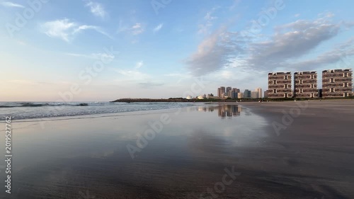 4K City Skyline Reflection on Beach at Blue Hour